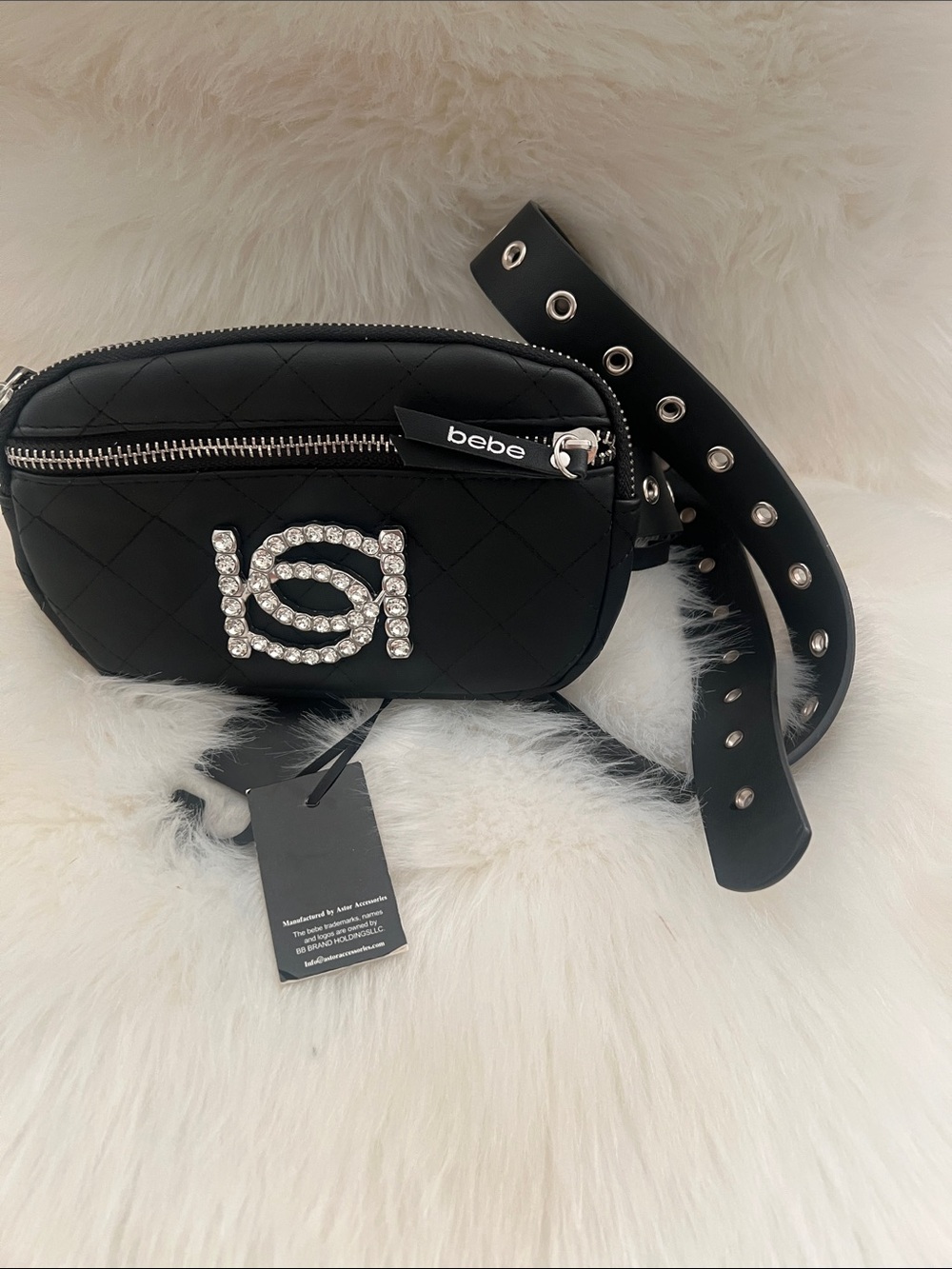bebe Black Quilted Crystal-Embellished Crossbody Belt Bag